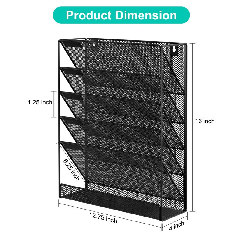 EasyPAG 5 Tier Wall File Holder Mesh Hanging Folder Organizer with Classify Label, Versatile Desk File Holder, Vertical Wall Mounted Mail Organizer for Office Home Cubicle, Black, Closed Sides - Image 2